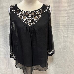 White House Black Market Black Sheer Blouse with Embroidery